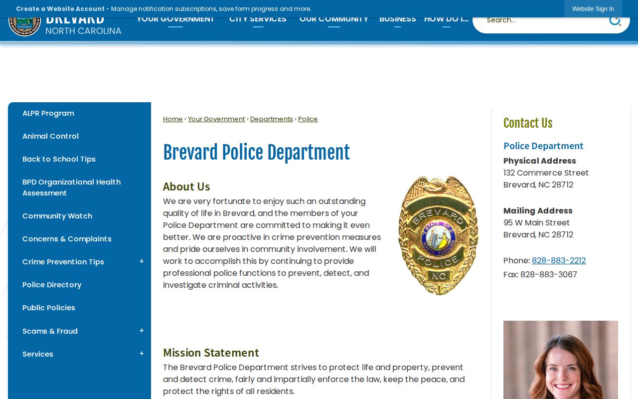 Brevard Police Department official records contact source