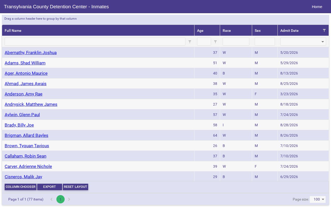 Transylvania County Detention Center booking record search interface
